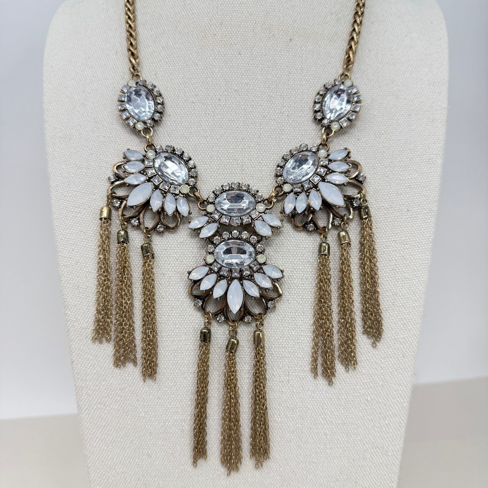 Rhinestone Statement Necklace White Crystal Tassel Pendant Bib Gold Tone